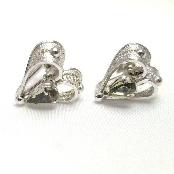 Vintage Sterling Silver Heart Shape Rhinestone Clip On Screw Back Earrings - Picture 6 of 7